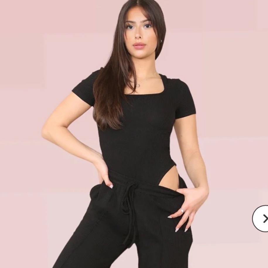 Katch Me Black Ribbed Square Neck Short Sleeve Bodysuit L Xl New